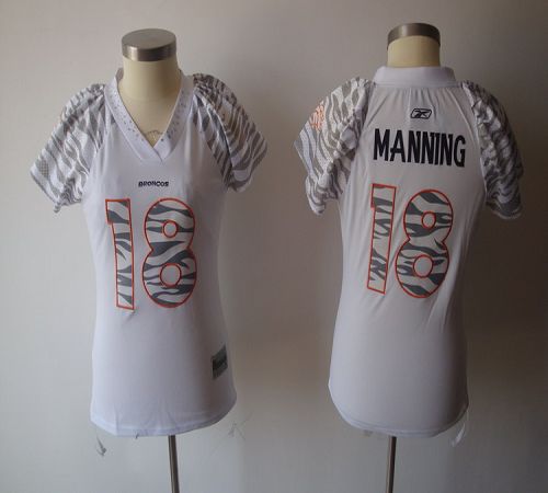 Broncos #18 Peyton Manning White Women's Zebra Field Flirt Stitched NFL Jersey - Click Image to Close